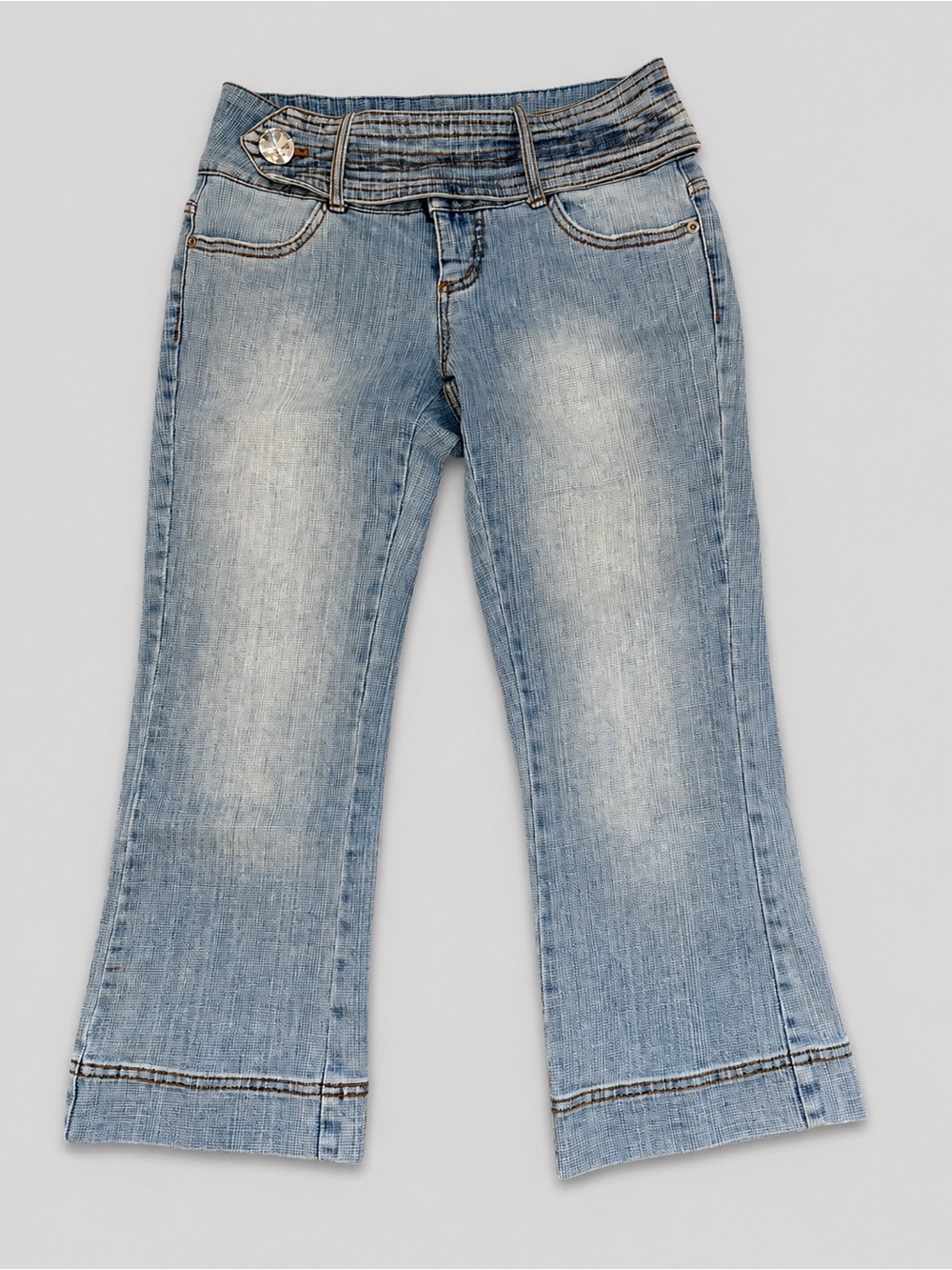 Cache Y2K Cropped Capri Jeans Size 4 Light Wash Rhinestone Pocket Stretch Denim